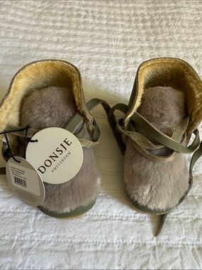 Donsje Kids Olive Green Fur-Front Slippers